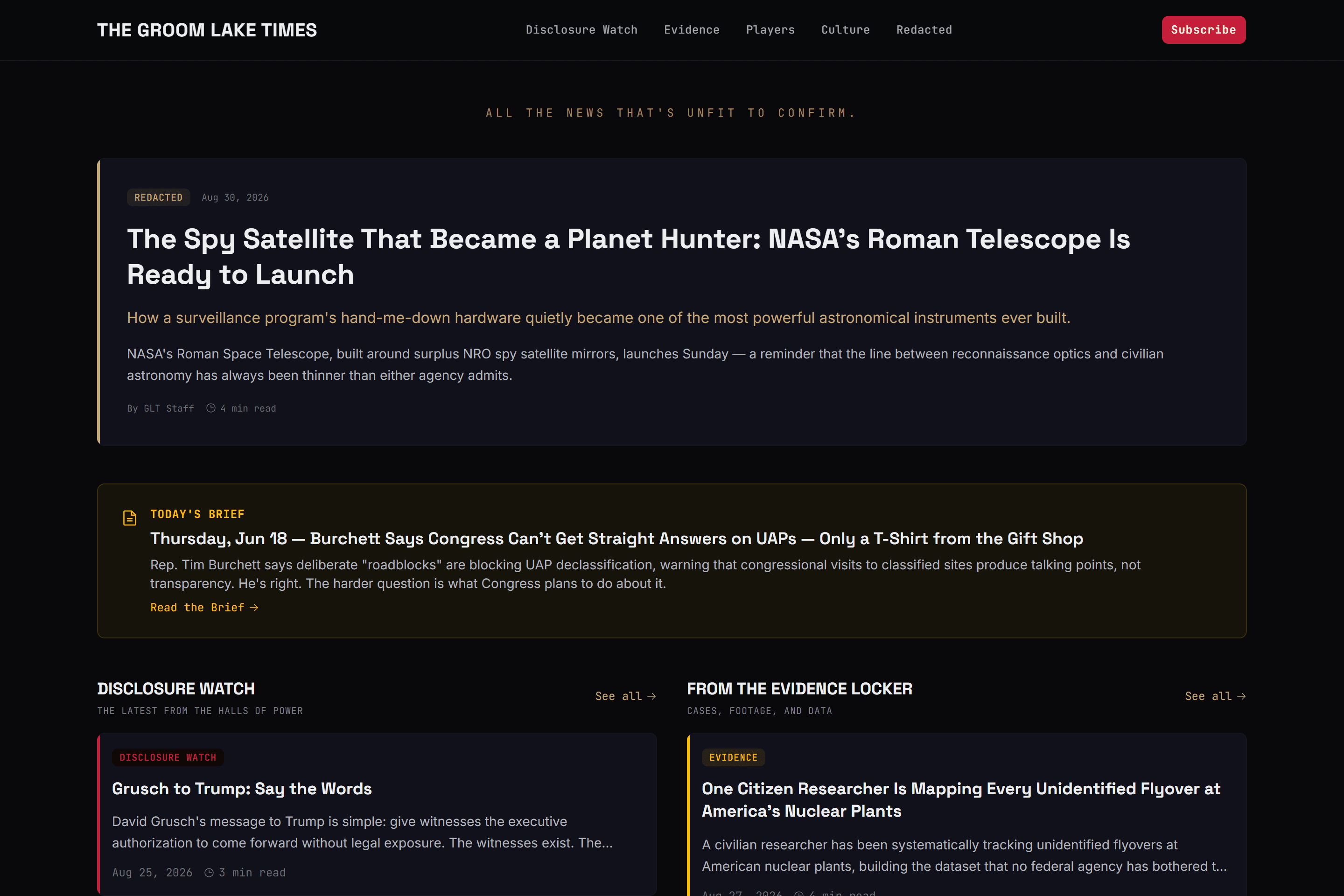 Groom Lake Times dark news home page with a lead story and labeled editorial sections.